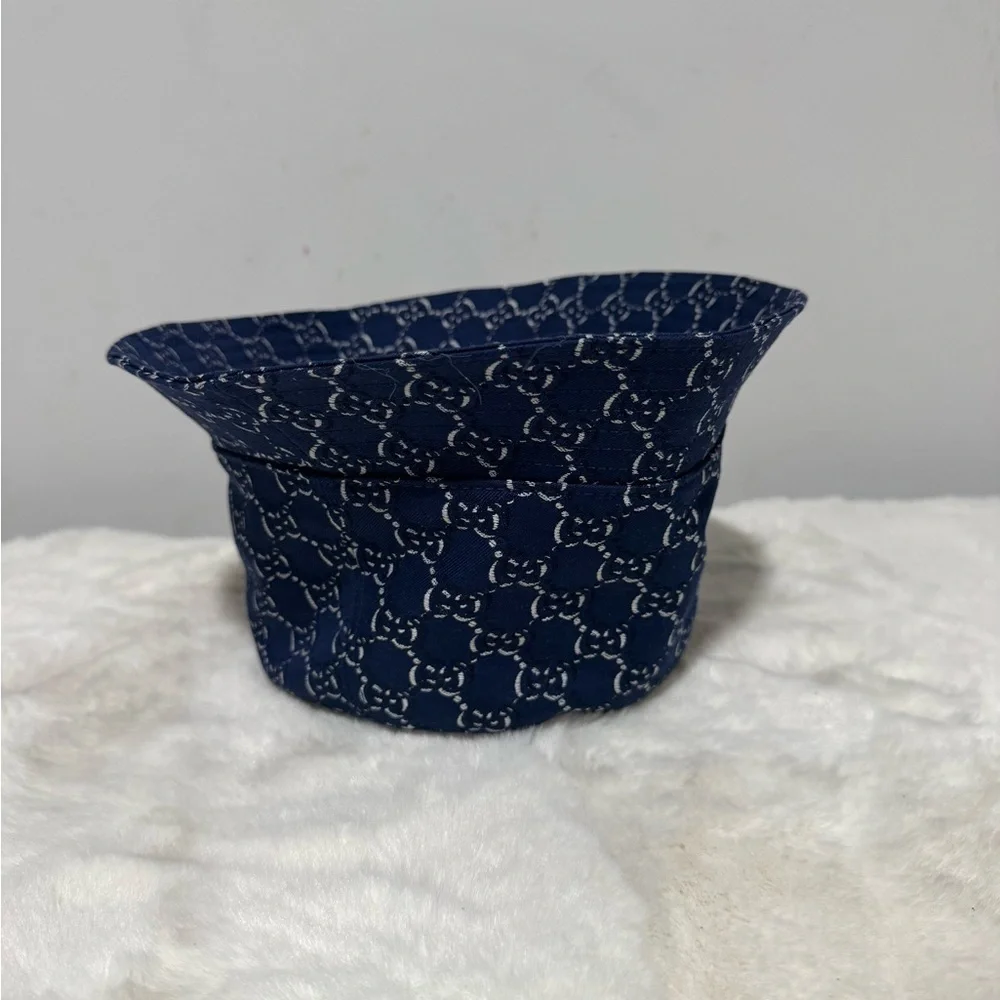 Gucci Navy Monogram Pattern Bucket Hat with Red Label: Size M, 58cm